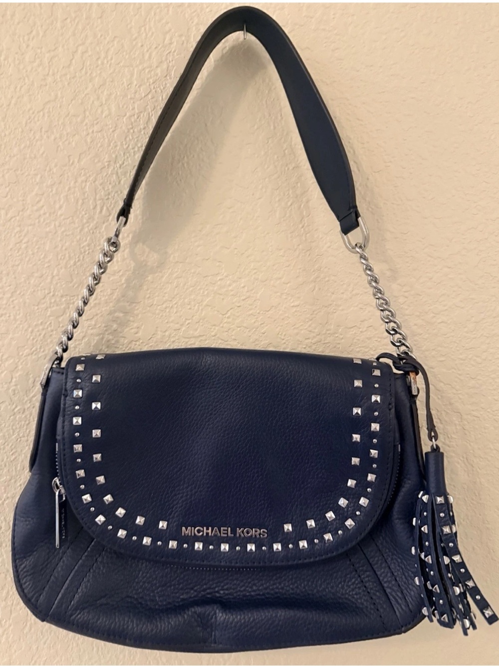 MICHAEL KORS Navy Leather Studded Shoulder Bag with Tassel
